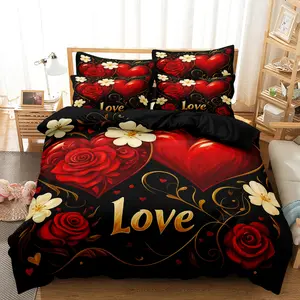 3pcs Set  Romantic Deep Red Rose Love Heart Rose Design Theme Pattern Decorative Duvet Cover Set,Suitable For Bedroom, Hotel, Inn, Valentine'S Day Gift, School Dormitory Can Be Used As Holiday Gifts