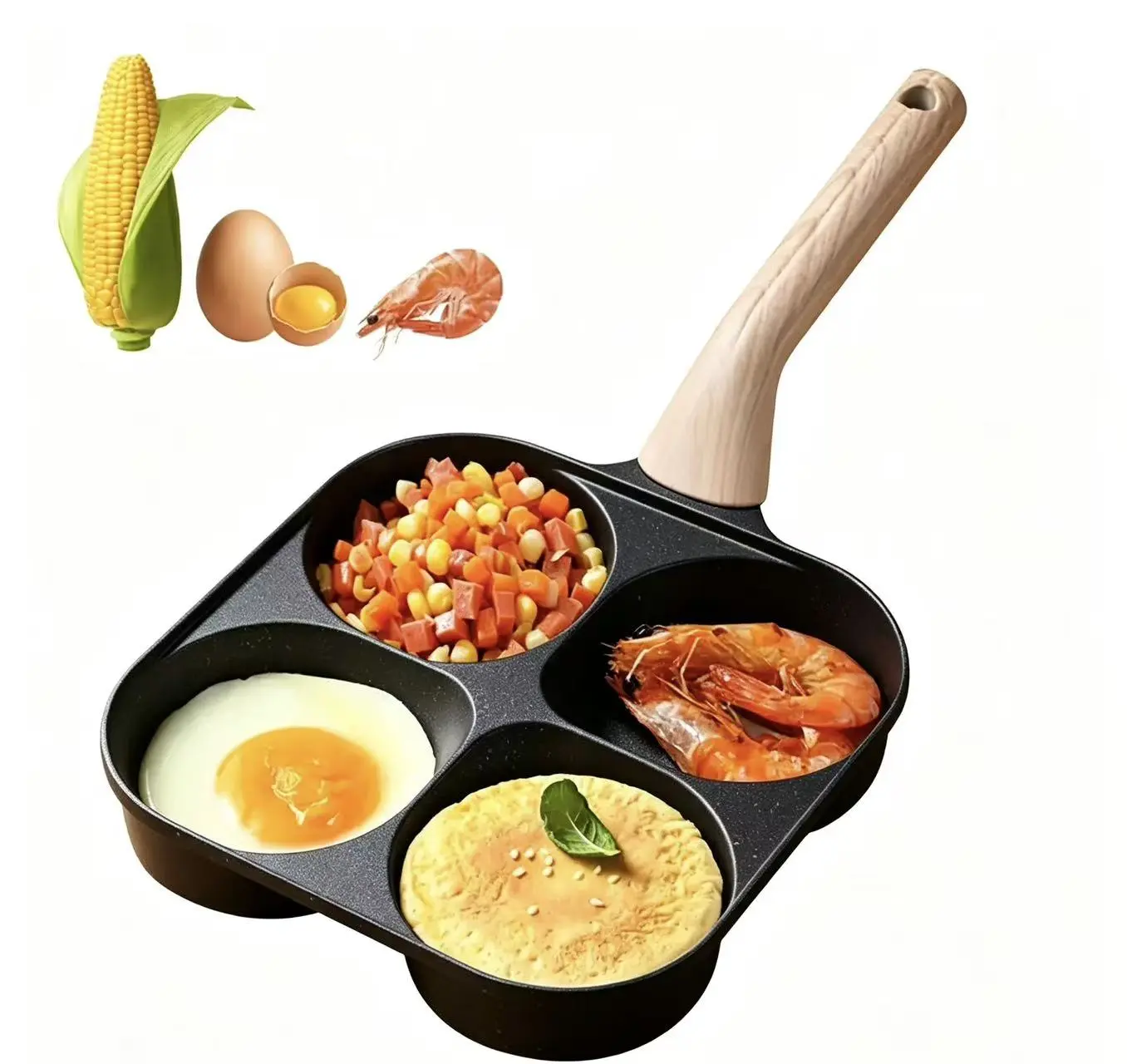 Multifunctional nonstick frying pan — A 4-compartment pan with a wooden handle, made from natural stone. This versatile four-compartment pan is perfect for making pancakes, burgers, breakfast dishes, and quick family meals.