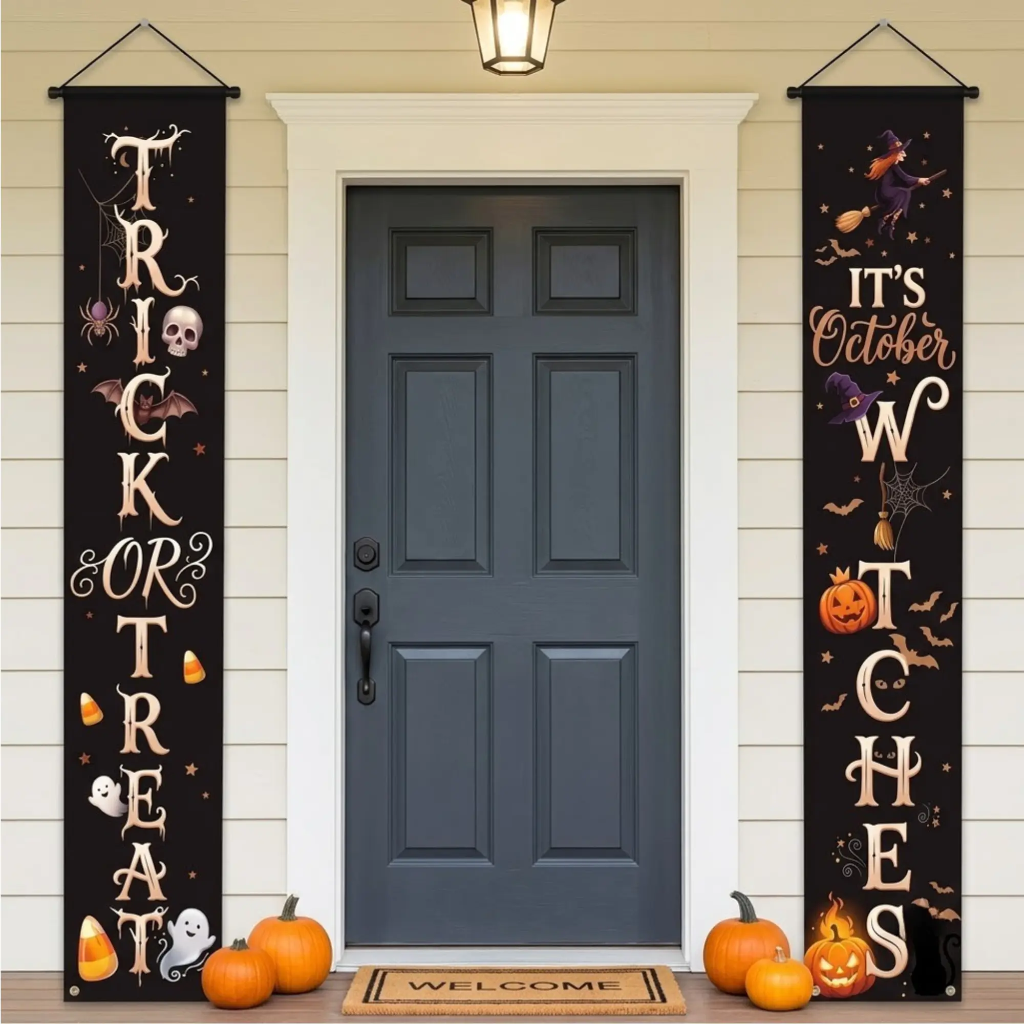 Halloween Door Curtain Banner Set – Trick or Treat & It’s October Witches Porch Decorations, Spooky Pumpkin Hanging Signs for Front Door