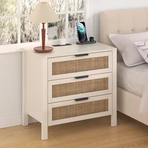 HOMMPA Nightstand with Charging Station, Boho Bedside Table with USB Ports, Large Rattan Night Stand with 3 Drawers, Modern Side Table End Table with Open Shelf for Bedroom, Cream