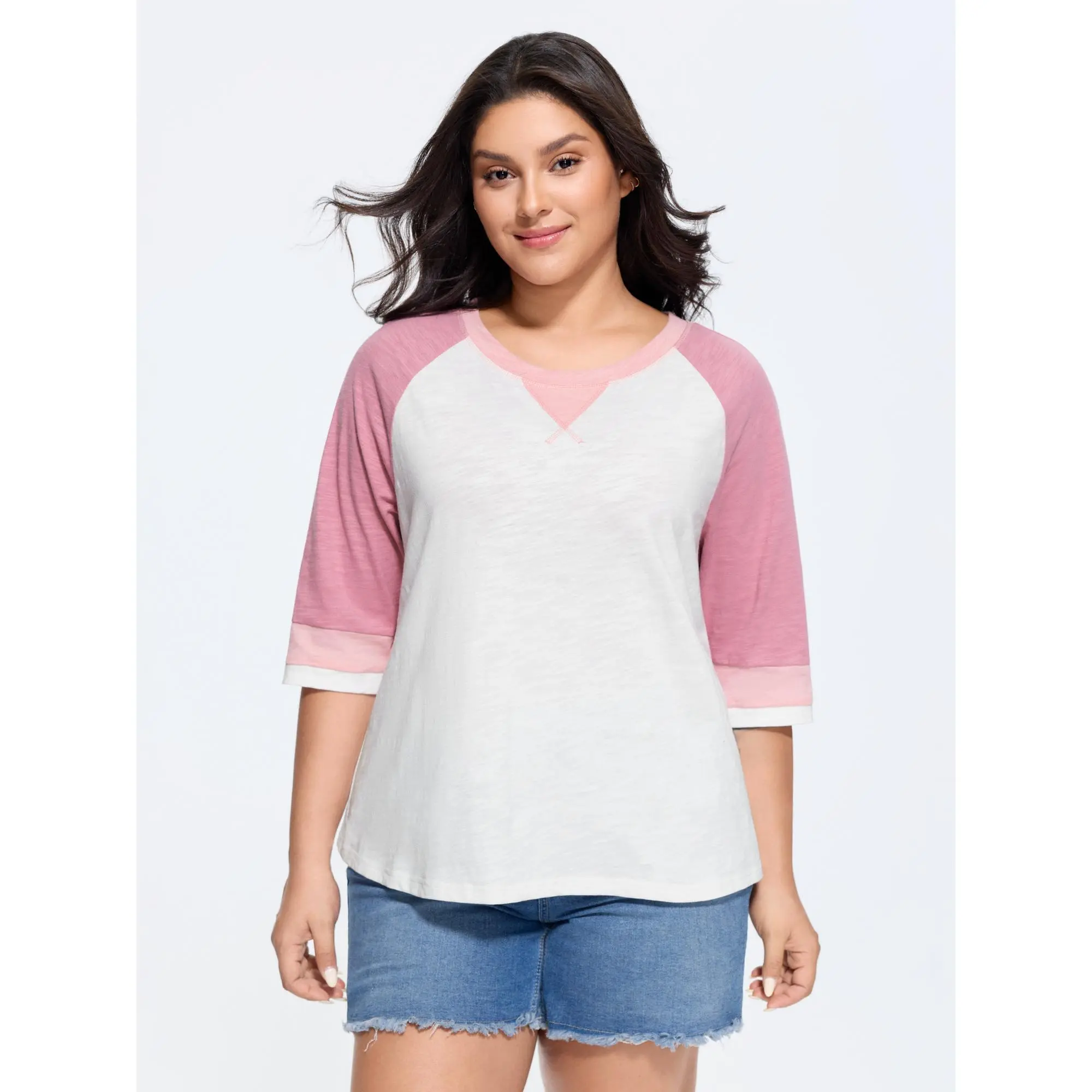 BloomChic Plus Size Women's Colorblock 3/4 Raglan Sleeve Casual 100% Cotton Garment T-Shirt, Machine Washable Top, Fabric, 3/4 Sleeve