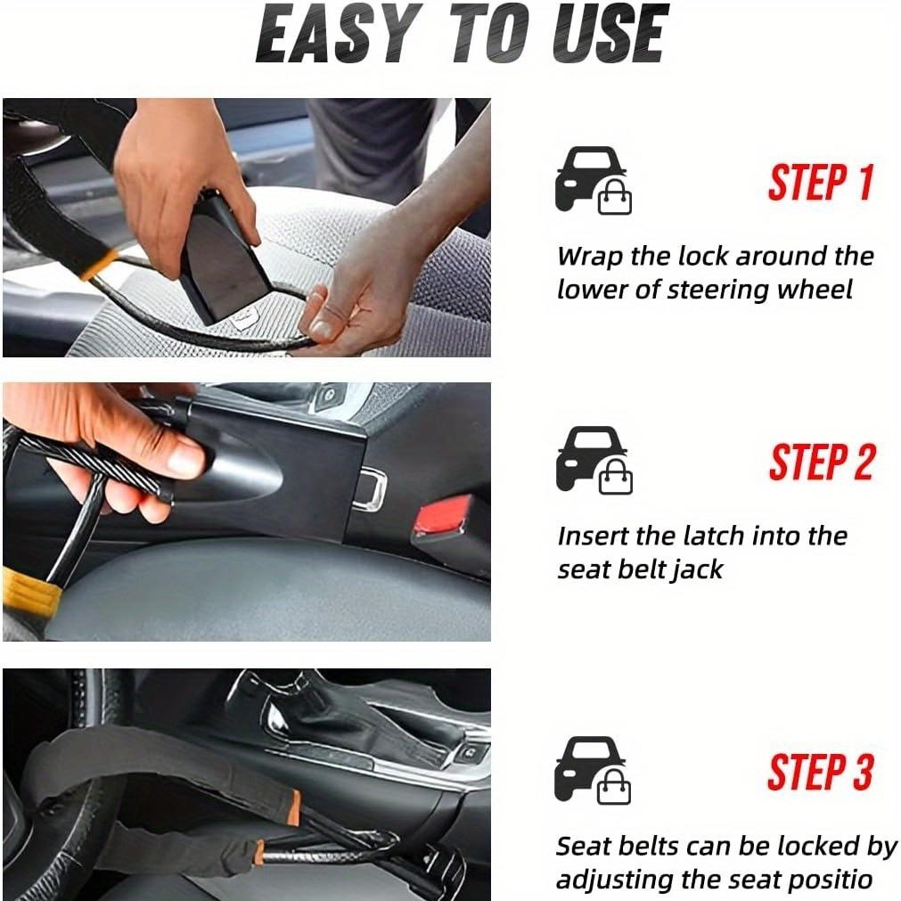 Upgraded car Steering Wheel Lock Anti Theft Car Device Multi-Functional Seat Belt Lock Thickened Steel Wire Fine Stitched Edges 3 Keys Included, Easy to Store Fits Most Cars Vehicles SUVs