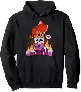 Subtle Lesbian Pride Aesthetic Kawaii Cat on Skulls Anime Pullover Hoodie - Jatinderpa Shop 96B0BR3FVMF3
