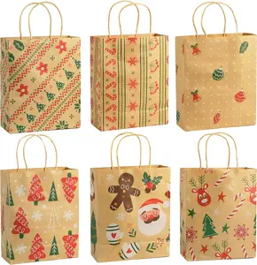 24 PCS Gift Bags Kraft Holiday Wrapping Paper Bags with Christmas Prints for Holiday Party Favors Xmas Gift Box Packaging Gift Box Set
