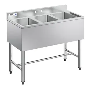 VEVOR 3 Compartment Sink, 18-Gauge 304 Stainless Steel, 10x 14x 10 Bowl Size, 3 Bay Commercial Under Bar Sink with Backsplash and Efficient Drainage for Kitchen, Restaurant, Food Truck Home Use