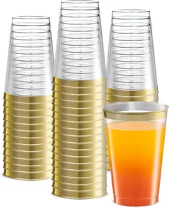 Disposable 12 oz Crystal Clear Plastic Tumblers With Gold Rim for Party's & Weddings pack of 50