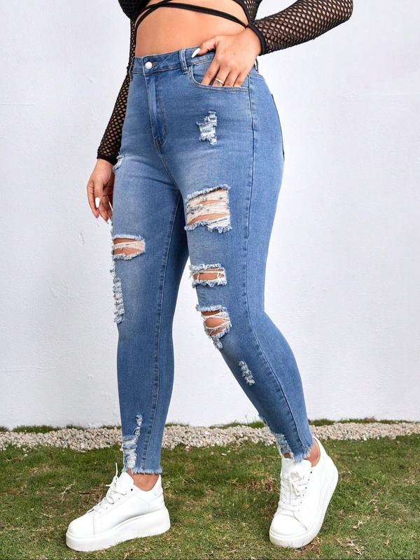 High Waist Ripped Denim Jeans, Stretchy Plus Size Skinny Fit Pants, Casual Fashion for Women, Comfortable Daily Wear