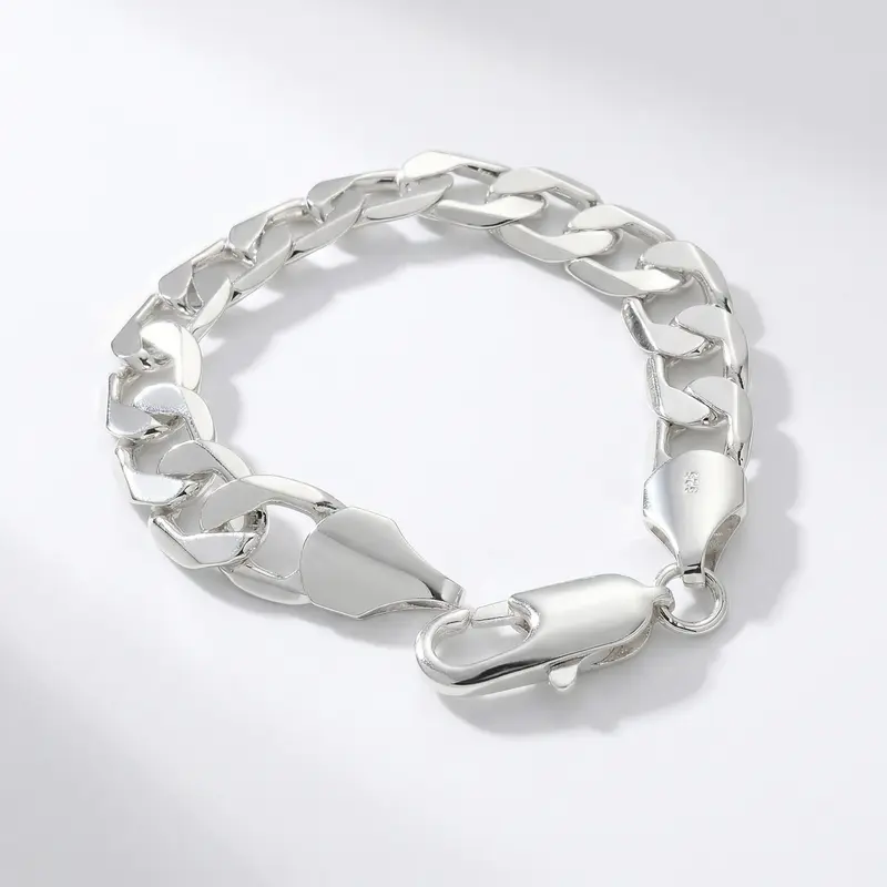 Renza S925P Unisex Cuban Link Bracelet - 7.5in 12MM Figaro Design, Tarnish-Resistant Premium Feel Sleek Finish Daily Jewelry Accessory, Premium Feel Bracelet, Sleek Finish Bracelet Fine Silver-Plated