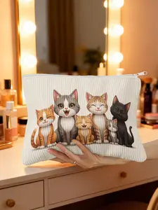 1pc, Cute Cute Cartoon Cats Gathering Print Corduroy Makeup Bag, Vanity Purse, Travel Cosmetic Organizer and Toiletry Storage Pouch, Lightweight and Easy to Carry