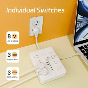1pc 14-In-1 Power Adapter Socket Strip, 3 USB Ports, 3 Type-C Ports, 8 Ac Outlets, Short Cable Design, Home & Office Use, Travel Friendly