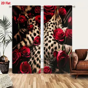 2D Flat Luxury Red Rose & Leopard Print Fur Texture 2-Piece Curtain Set, Black Cream Patterned Soft Velvet Curtains for Bedroom Living Room, Opulent Decor with Dramatic Contrast, Dark Background Accentuated Vivid Colors