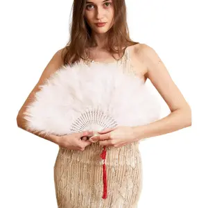Handheld Marabou  Fan, 1920s  Style Flapper Hand Fan for Costume Party and Dancing-WHITE