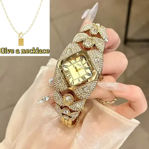 Women's Elegant Gold-Tone Gem Wrist Watch - Alloy Quartz, Diamond Accents, Adjustable Strap, Gold Design, Glamorous Fashion Accessory, Valentine's Gift for Wife, Watches for Women, Elegant Gold-Tone Wrist Watches