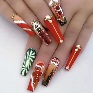 24pcs Extra Long Christmas Press-On Nails Gingerbread Man Rectangle Fake Nails Glitter Rhinestone Acrylic Matte Winter Holiday Dating Valentine'S Day Gift