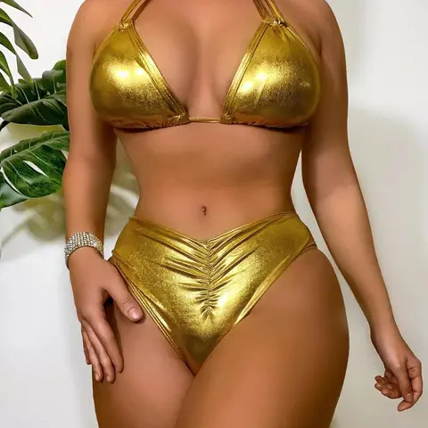 Women's Texture Metal Ruched Tie Back Bikini Sets for Summer 2024, Halter Neck Fitted Triangle Swimwear, Swimsuit for Women, Bathing Suits Women, Ladies Summer Beach Vacation Swimsuit, Two Piece Bathing Suits, Ruched Bikini Bottoms, Bikini Swimsuits