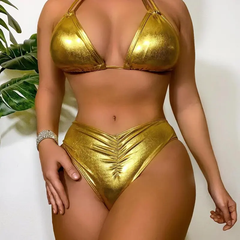Women's Texture Metal Ruched Tie Back Bikini Sets for Summer 2024, Halter Neck Fitted Triangle Swimwear, Swimsuit for Women, Bathing Suits Women, Ladies Summer Beach Vacation Swimsuit, Two Piece Bathing Suits, Ruched Bikini Bottoms, Bikini Swimsuits