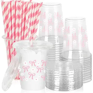 Cute Bowknot Daisy Flower Design Party Plastic Clear Cups, Straws & Lids Set, Disposable Tableware for Women Events, Wedding, New Year, Christmas