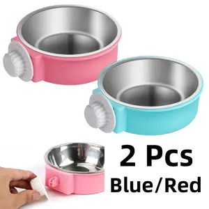 Dog Bowl 2Pcs Cage Cat Removable Stainless Steel Food and Water Feeder Hanging Cage Bowls Coop Cup with Cleaning Set for Suitable for Small and Medium-Sized Pets (Blue,Red) - Home Improvement.