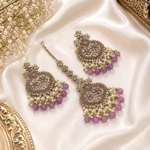 High Quality Premium Polki Style Reverse AD Earrings and Maang Tikka Set with Beads and Rhinestones