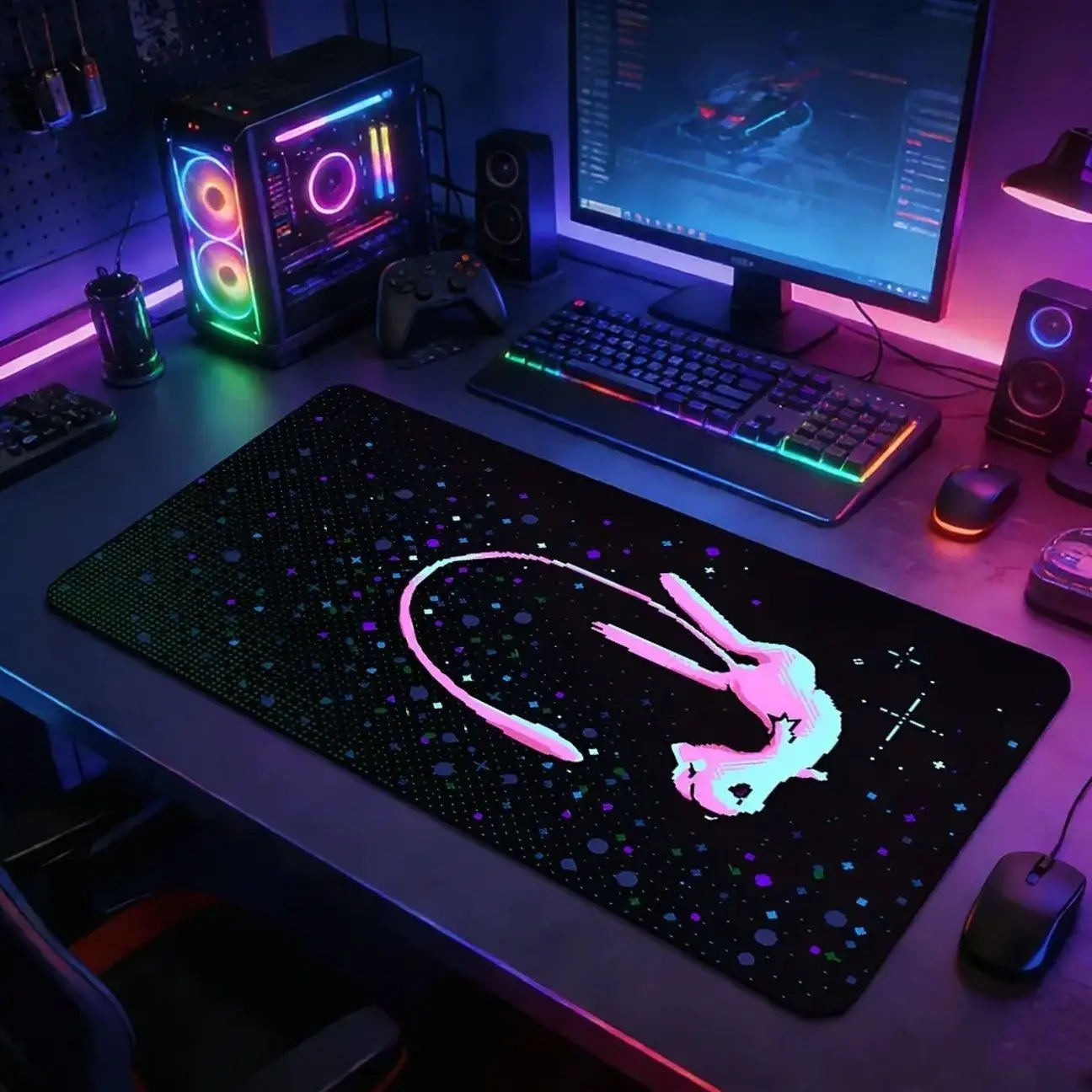 Neon Mew Space Pixel Large Gaming Mouse Pad, Non Slip Mousepad, Non-Slip Rubber Base Stitched Lock Edge Desk Mat, Vibrant Cyberpunk Space Art Design, Durable Computer & Desktop Accessory for Home Office & Gaming Setup, Gift for Gamers & Pokemon Fans