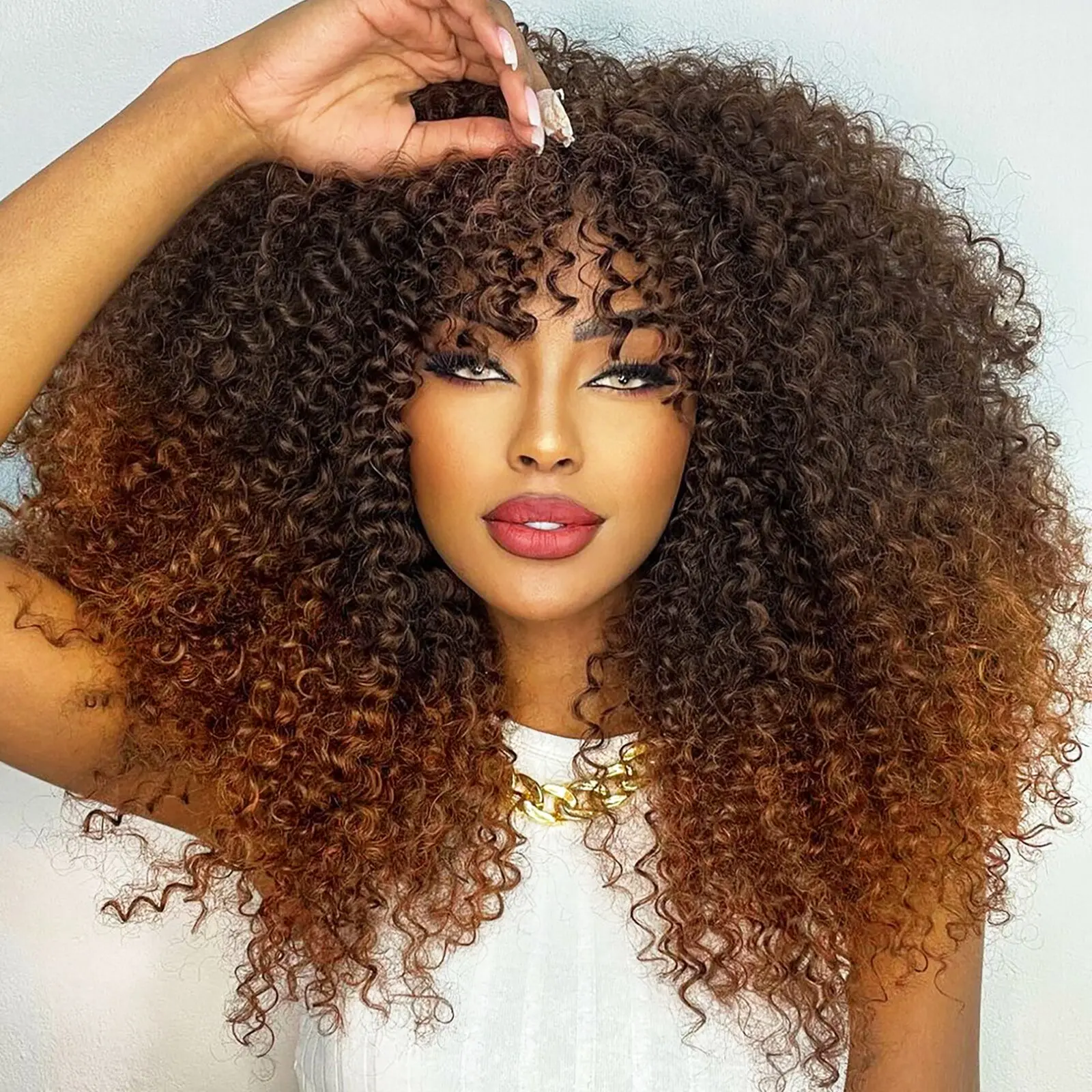 Women's 16-in Glueless Curly Afro Wig with Bangs, Brown Synthetic Curly Hair, High-Density Heat-Resistant Fiber, Daily-Use Stylish Full Machine Wig, Glueless Curly Wig