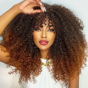 Women's 16-in Glueless Curly Afro Wig with Bangs, Brown Synthetic Curly Hair, High-Density Heat-Resistant Fiber, Daily-Use Stylish Full Machine Wig, Glueless Curly Wig