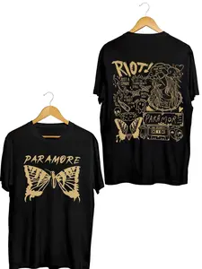 Paramore Riot! Album Commemorative T-shirt | Butterfly Graffiti Double sided Printed Geometric Short Sleeve, Rock Youth | Riot! Retro graffiti style tee
