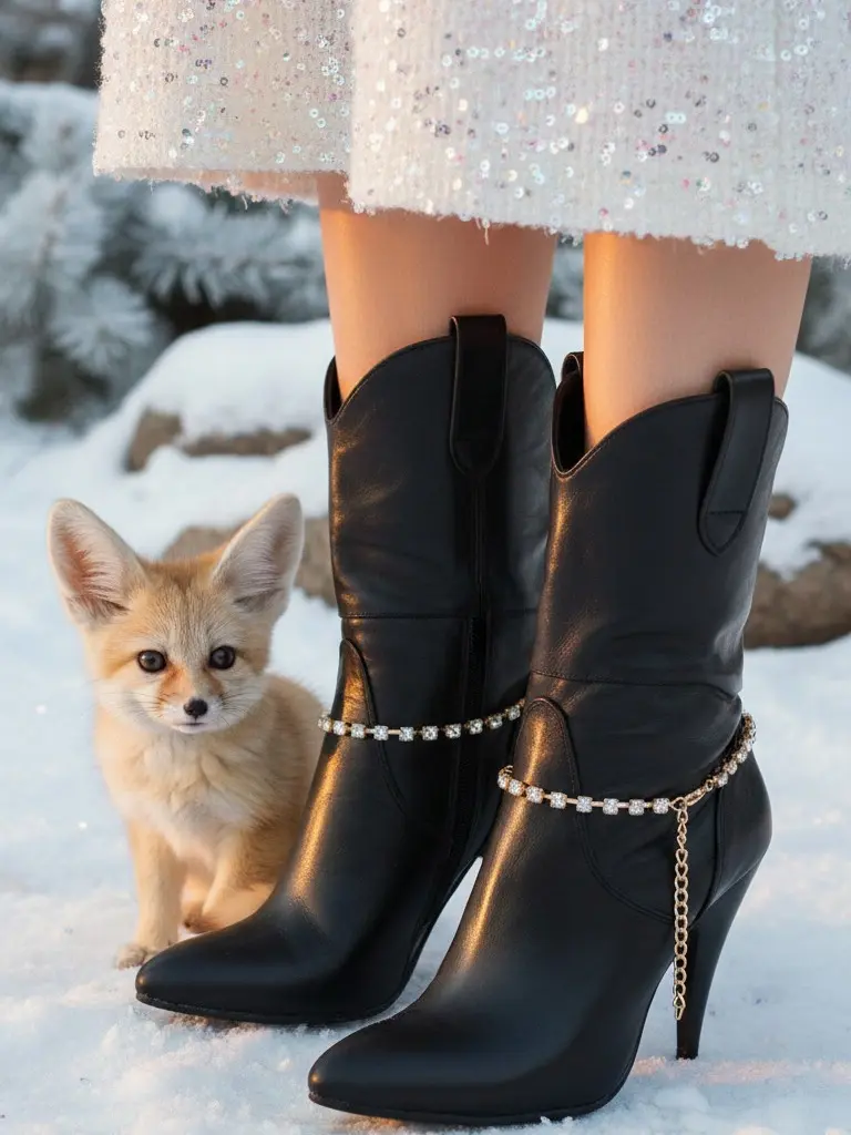 BC89 Women's Gold Metal Boot Chain Bracelet & Shoe Anklet Set with Silver Rhinestones Western Cowgirl Boot Jewelry Straps Adjustable 11-15 Inches