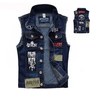 Classic Vintage Men's Jeans Vest Sleeveless Jackets Fashion Patch Designs Punk Rock Style Ripped Cowboy Frayed Denim Vest Tanks Tops Slim Fit Pockets Menswear