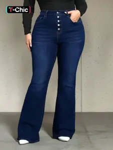 【Plus Size】 Solid Button Flare Leg Jeans, High Waisted Design, Casual Comfy Denim Pants for Daily Wear, Women's Bottoms for All Seasons
