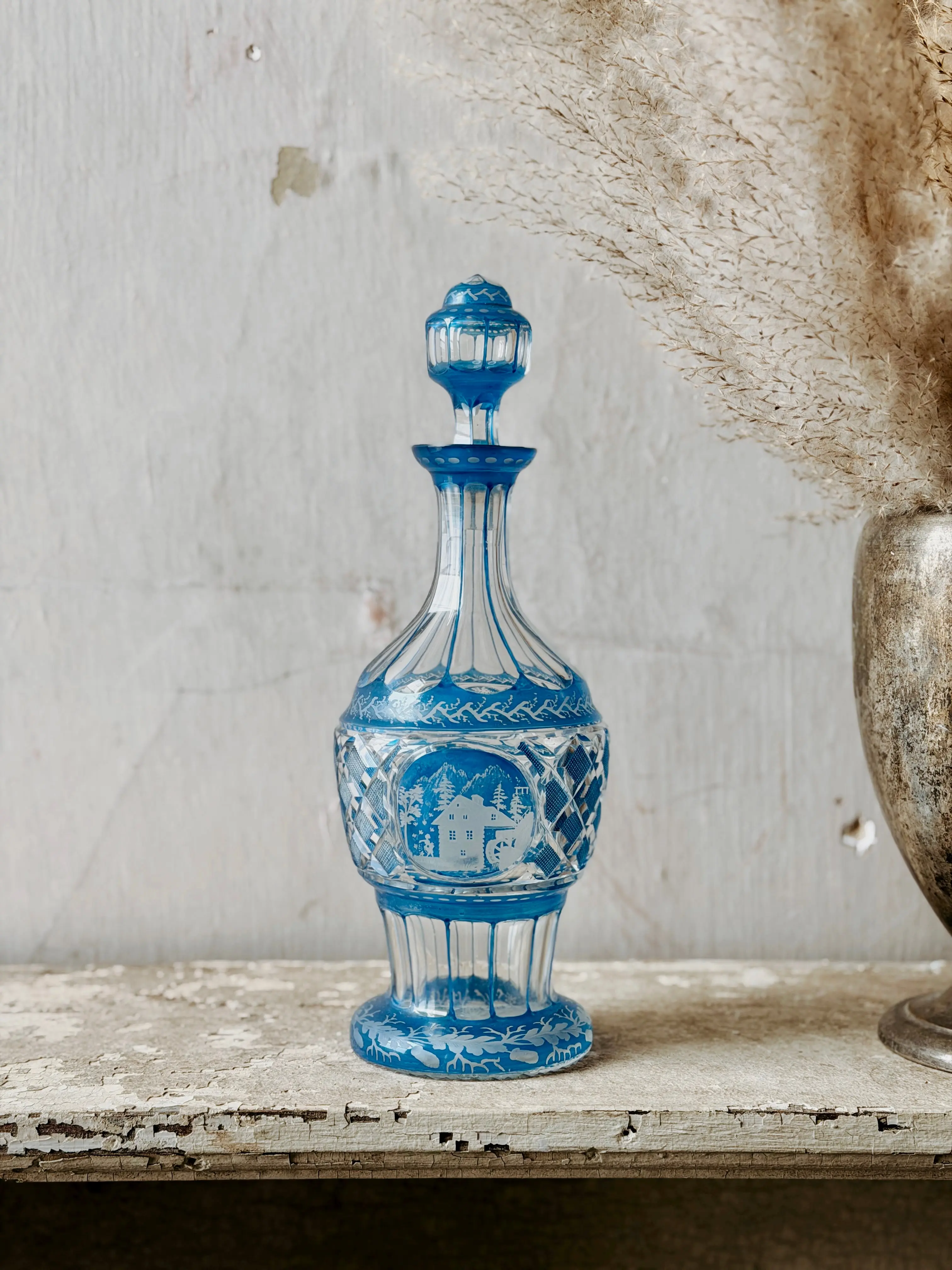Patina Vie Vintage Bohemian Blue Crystal-Cut Decanter + Stopper