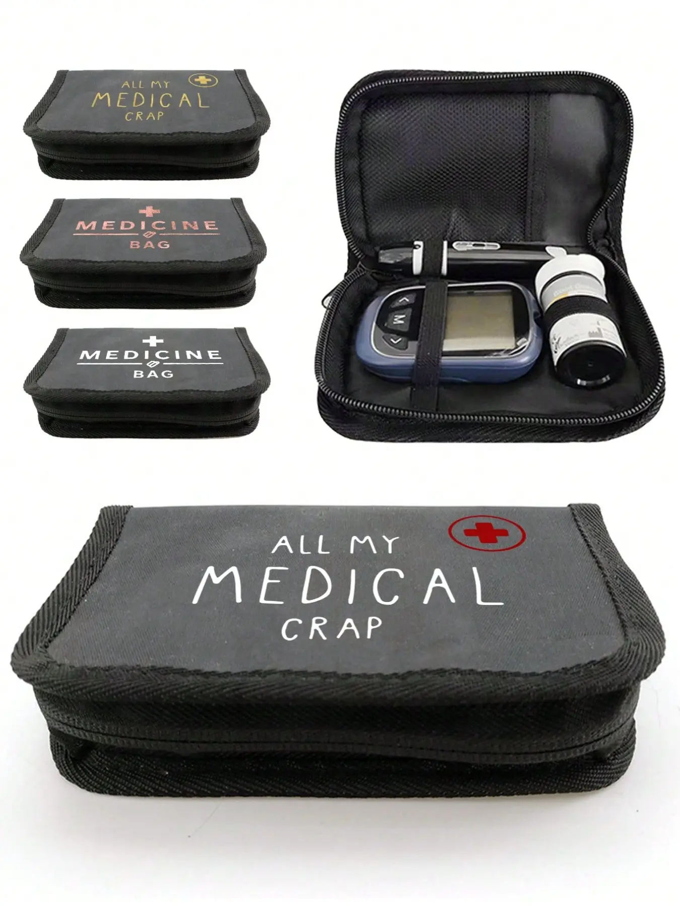 Portable multi-compartment blood glucose meter storage bag, Space Saving Bags, with Medical and Medicine patterns, suitable as a travel organizer for people with diabetes