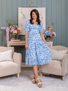 Floral V Neck Puff Short Sleeve Flowy Dress | S-XL