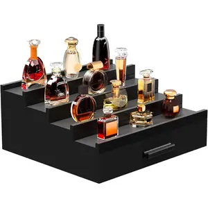 Wooden Cologne Organizer for Men 4 Tier of Perfume Display Holder of Drawer & 2 Hidden Compartments Larger Mens Perfume Organizer Shelf Stand,Gift for Man (4T-Black)
