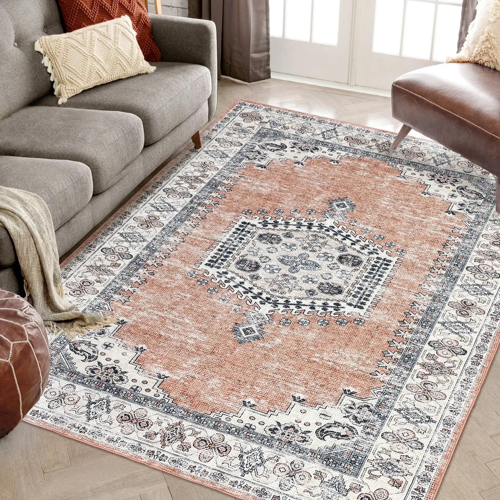 Bohemian Style Carpet Kitchen Long Strip Carpet Washable Area Rug Low Pile Soft Carpet Home Decor Rug for Living Room Bedroom Office Kitchen Dining Room Orange