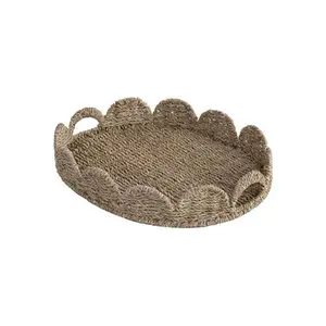 StorageWorks Scalloped Edge Wicker Serving Tray, Woven Rattan Table Trays with Handle, Wicker Tray for Room Décor, Seagrass Tray for Ottoman, Scalloped Organizer Trays