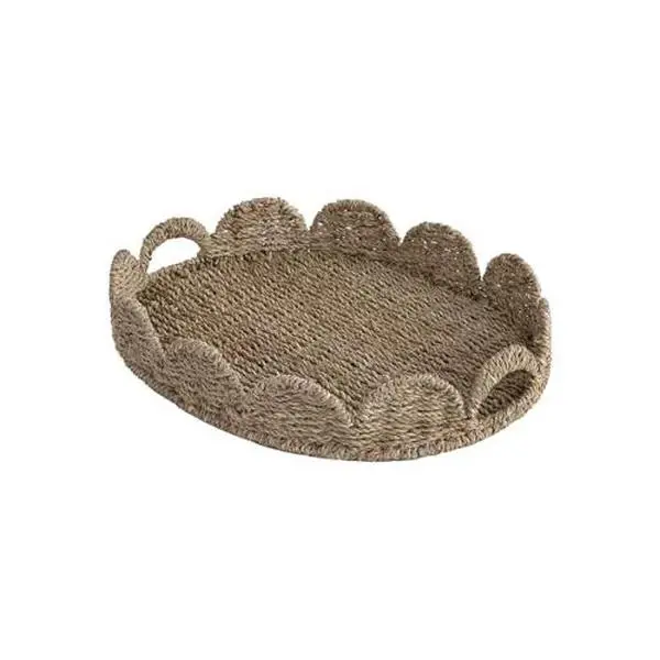 StorageWorks Scalloped Edge Wicker Serving Tray, Woven Rattan Table Trays with Handle, Wicker Tray for Room Décor, Seagrass Tray for Ottoman, Scalloped Organizer Trays