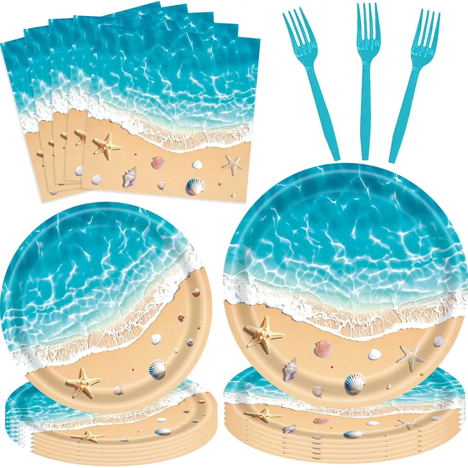 100-Piece Disposable Plastic Beach Party Tableware Pack - Ocean Wave Plates, Napkins, Forks, Hawaiian Seashell Starfish Supplies for Birthday, Easy Cleanup for Party Meals