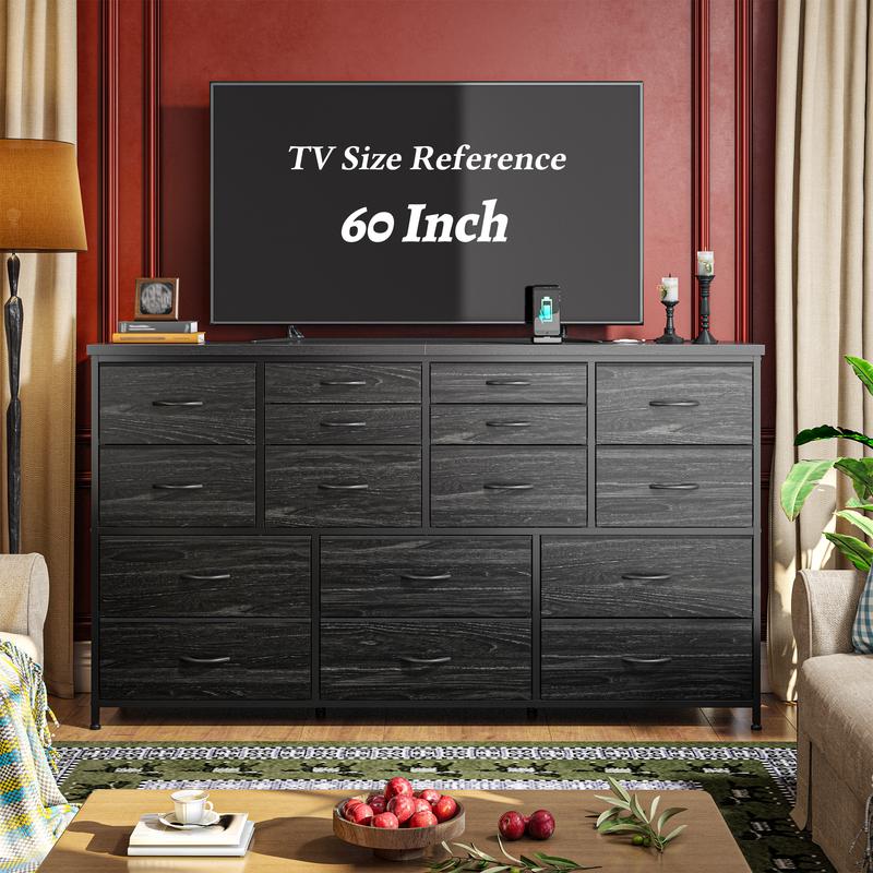 Raybee Furniture Dresser with 16 Drawers, Multifunctional TV Stand & Charging Station, 51.1" Long, 34.8" Height, 3 Power Outlet & 2 USB Ports