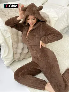 Women's Solid Zip Up Hooded Fuzzy Bear Onesie, Casual Long Sleeve Soft Flannel Jumpsuit for Fall & Winter, Women's Sleepwear for Indoor Wear, Loungewear, Womenswear, Lady