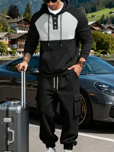 2-piece set of men's fleece and thickened hooded embroidered sweatshirt and sweatpants, a long-sleeved and long-pants set for commuting warmth, suitable for daily casual wear in autumn and winter as well as outdoor hiking, mountain climbing and adventure.
