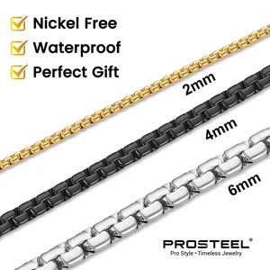 PROSTEEL Flat Box Chain Necklace Stylish Stainless Steel Width 4/6mm Length 14-30 Inches Simple Minimalist Unisex Jewelry For Men Women Gift Box