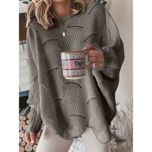 [Casual Sweater] Women's Casual Loose-Fit Long Sleeve Sweater| Round Neck Asymmetrical Hem Ribbed Detailing, Medium Stretch Spring/Autumn Transitional Pullover, Solid Color Comfortable Casual Attire, Cute Sweater, Autumn Pullover, Textured Pattern