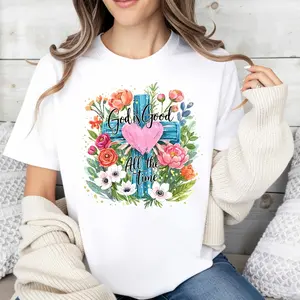 Casual Floral Cross Design Women's T-Shirt God Is Good All The Time Religious Inspiration Spring Summer Wear Gift For Christian Women