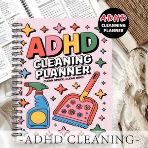 1pc ADHD Cleaning Planner Themed Subject Notebook, Fresh Space Style - Spray Bottle, Dustpan, and Star Patterns. Record Cleaning Tasks To Organize Your Thoughts. Thought Organization Notebook. Space Organization and Mental Clarity. 5.5x8.3 Inch Notebook
