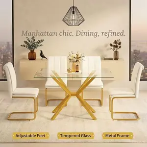 47.24 Inch Rectangular Tempered Glass Dining Table, Modern Sleek Kitchen Table with Sturdy Metal Legs and Adjustable Leveling Feet, Multifunctional Home Furniture for Dining Room and Living Room Decor