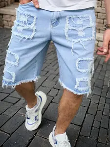 Men’s ripped denim shorts, casual ripped shorts, street-style zip-pocket denim shorts, suitable for summer wear, fashionable men’s everyday bottoms