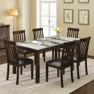[SummerVibes]AMERLIFE 7-Piece Dining Table Set with 6 Chairs,Modern Solid Wood Dining Table Set with 6 Upholstered Chairs,71'' Marble kitchen table&Chair Set for 6 People,Marble&Brown,Best Gift Ideas/Christmas Gifts