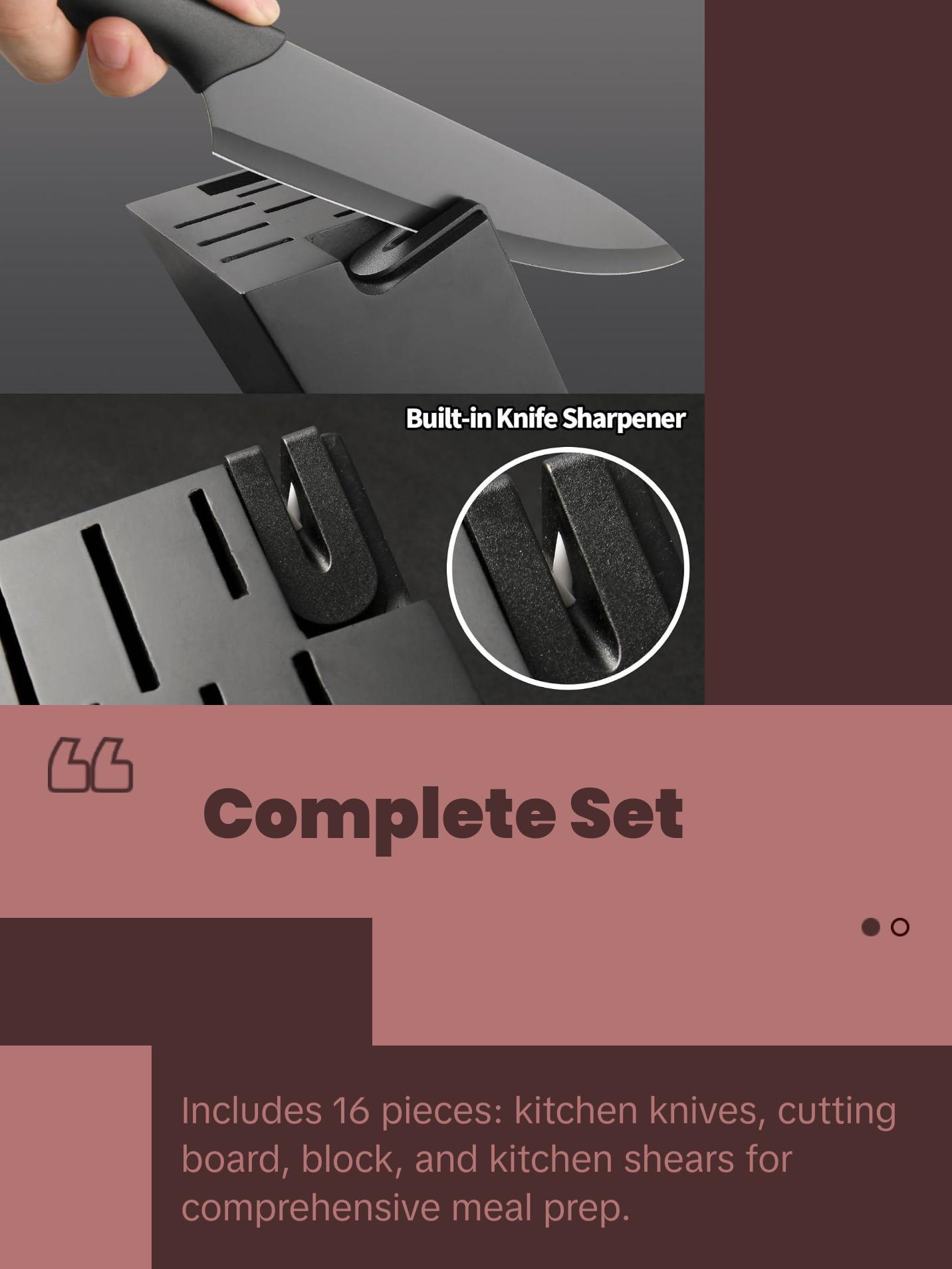 16 Pieces Kitchen Knife Block Set with Cutting Board, German Premium Quality Stainless Steel, Built-in sharpener, Dishwasher Safe, 6 Steak Knives, Anti-slip handle, Black Kitchen Knives Plastic Wooden