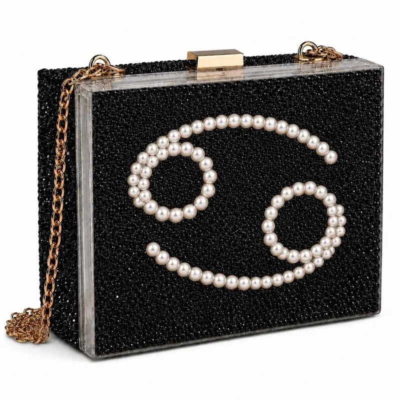 Cancer Pearls & Jet Black Luxe Crystal Custom Zodiac Box Clutch Bag